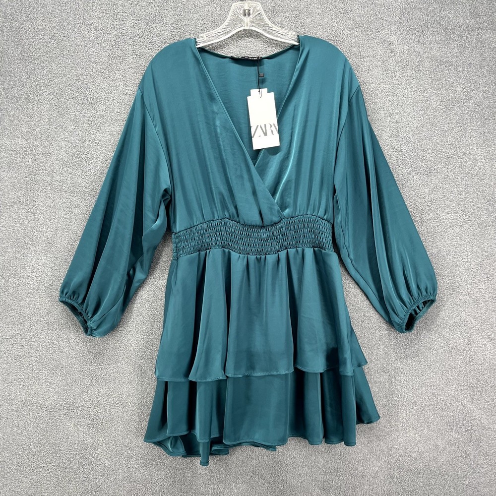 Zara Dress women Size L Green Puff Sleeve fit Flared elastic‎ waist satin effect